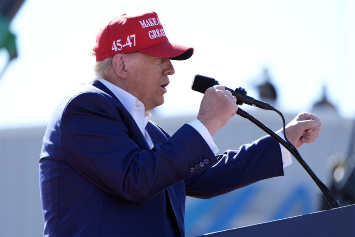 Republican presidential nominee former President Donald Trump speaks at a campaign rally at Wilmington International Airport, Saturday, Sept. 21, 2024, in Wilmington, N.C.