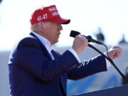 Republican presidential nominee former President Donald Trump speaks at a campaign rally at Wilmington International Airport, Saturday, Sept. 21, 2024, in Wilmington, N.C.