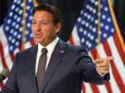 Florida Gov. Ron DeSantis delivers remarks and answers questions at a news conference Monday, Sept. 16, 2024, in Orlando, Fla.