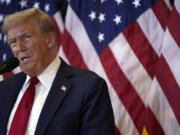 Republican presidential nominee former President Donald Trump speaks at Trump Tower in New York, Thursday, Sept. 26, 2024.