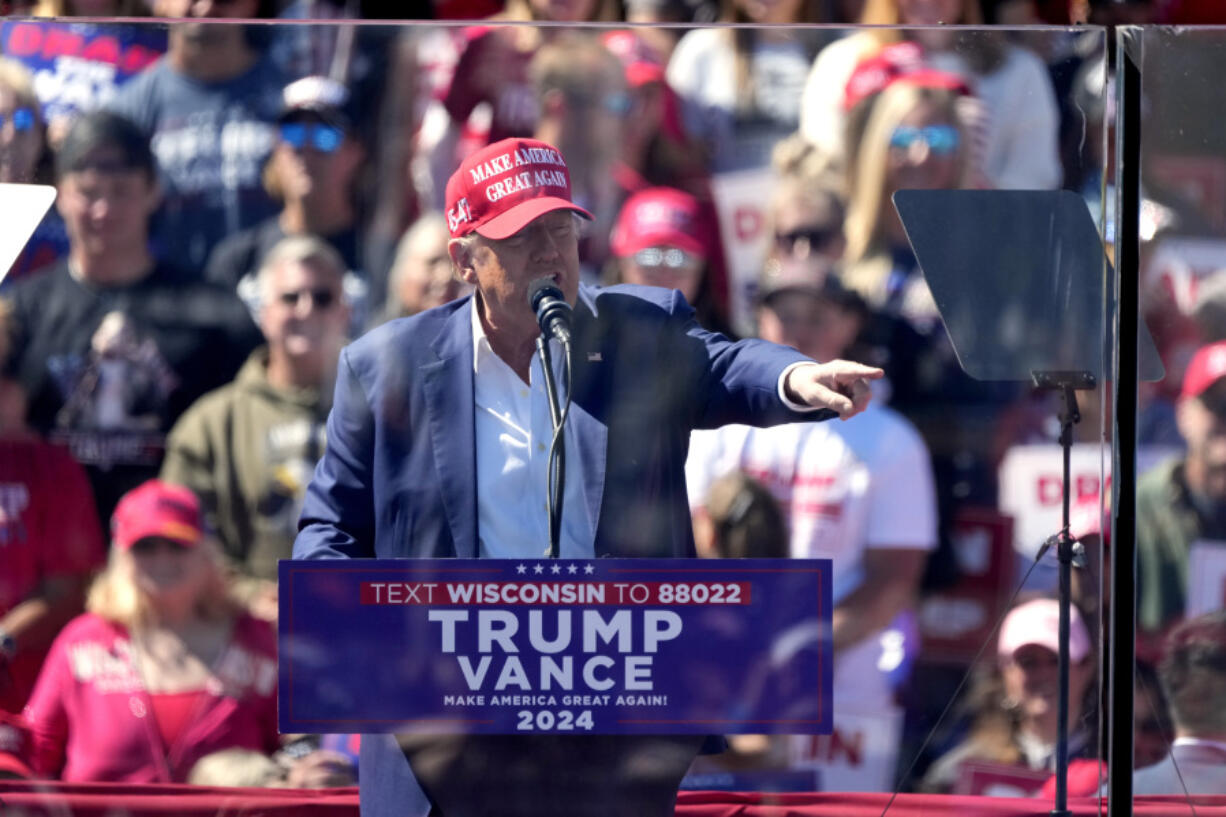 Republican presidential nominee former President Donald Trump speaks during a campaign event at Central Wisconsin Airport, Saturday, Sept. 7, 2024, in Mosinee, Wis.