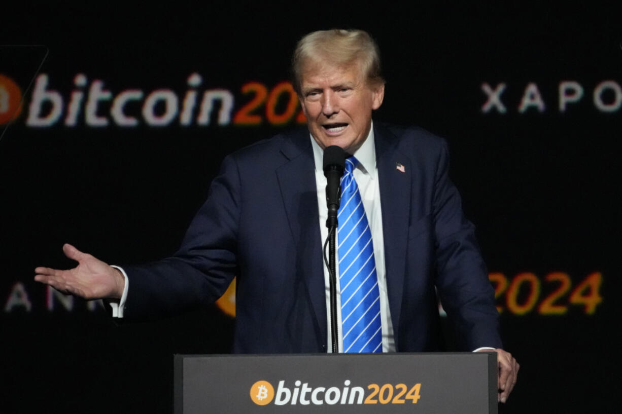 FILE - Republican presidential nominee former President Donald Trump speaks at the Bitcoin 2024 Conference July 27, 2024, in Nashville, Tenn.