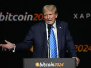 FILE - Republican presidential nominee former President Donald Trump speaks at the Bitcoin 2024 Conference July 27, 2024, in Nashville, Tenn.