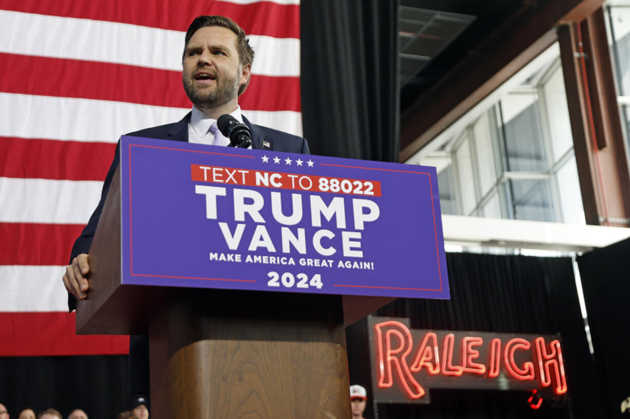 Republican vice presidential nominee Sen. JD Vance, R-Ohio, speaks at a campaign event in Raleigh, N.C., Wednesday, Sept. 18, 2024.