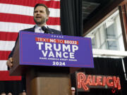 Republican vice presidential nominee Sen. JD Vance, R-Ohio, speaks at a campaign event in Raleigh, N.C., Wednesday, Sept. 18, 2024.