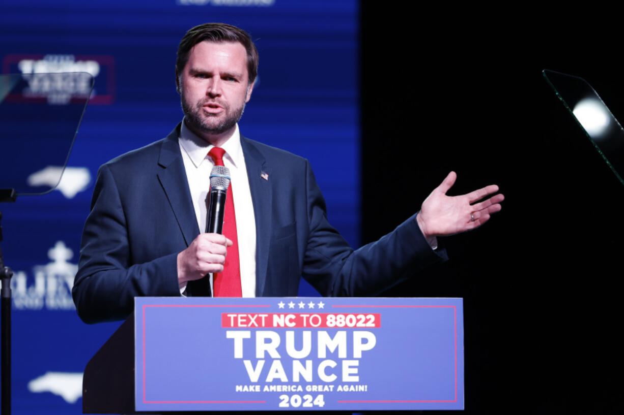 Republican vice presidential nominee Sen. JD Vance, R-Ohio, speaks at a campaign event in Charlotte, N.C., Monday, Sept. 23, 2024.