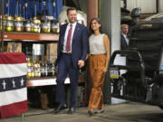 Republican vice presidential nominee Sen. JD Vance, R-Ohio, left, and his wife, Usha, arrive at a campaign event Aug. 28 in Erie, Pa. (Gene J.