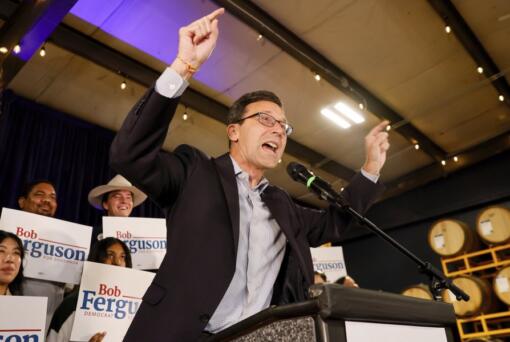 FILE - Democratic gubernatorial candidate Bob Ferguson speaks to gathered supporters at his election watch party on primary night, Aug. 6, 2024, in Seattle.