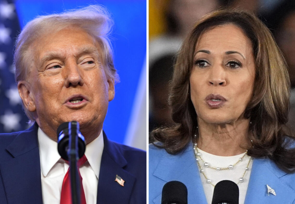 This combination photo shows Republican presidential nominee former President Donald Trump at an event, Aug. 15, 2024, in Bedminster, N.J., left, and Democratic presidential nominee Vice President Kamala Harris at a campaign event in Raleigh, N.C., Aug. 16, 2024.