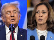 This combination photo shows Republican presidential nominee former President Donald Trump at an event, Aug. 15, 2024, in Bedminster, N.J., left, and Democratic presidential nominee Vice President Kamala Harris at a campaign event in Raleigh, N.C., Aug. 16, 2024.