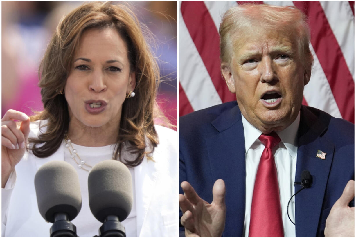 This combination of photos shows Vice President Kamala Harris, left, on Aug. 7, 2024 and Republican presidential candidate former President Donald Trump on July 31, 2024.