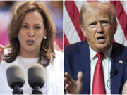 This combination of photos shows Vice President Kamala Harris, left, on Aug. 7, 2024 and Republican presidential candidate former President Donald Trump on July 31, 2024.