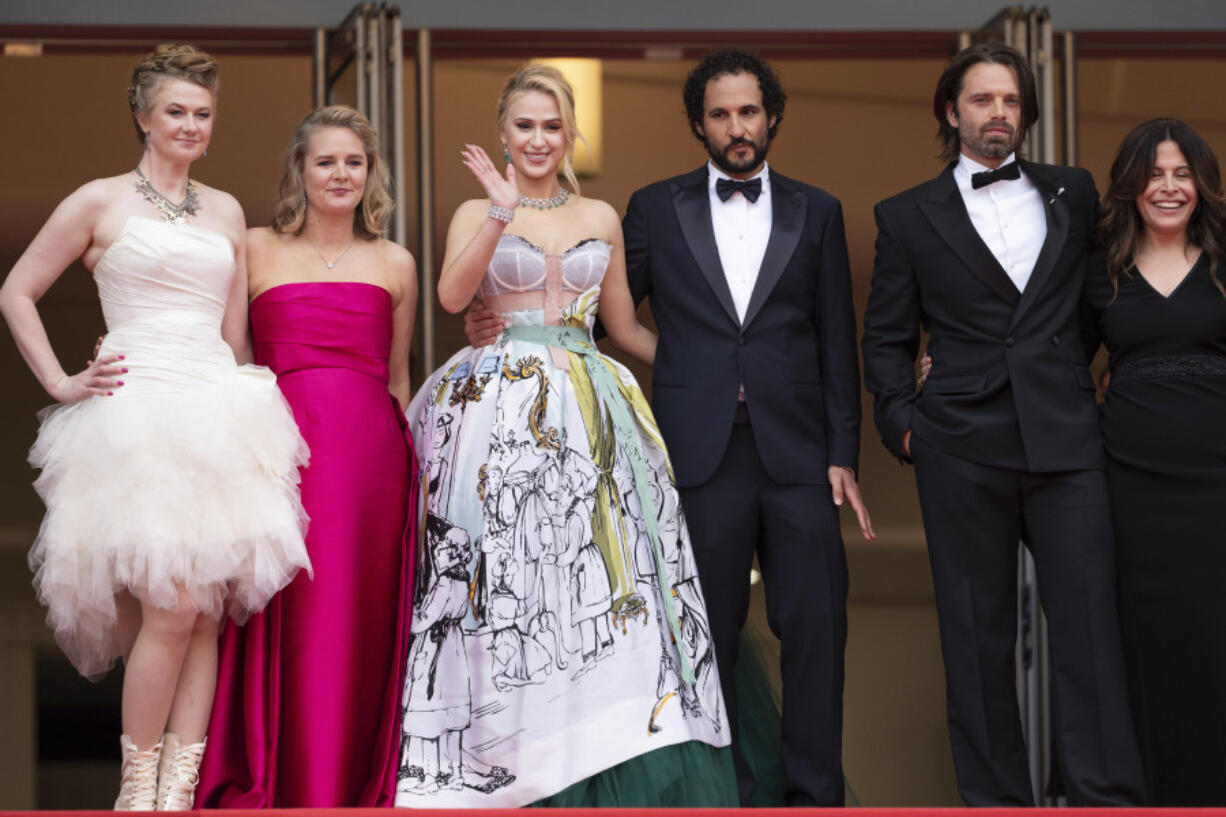 Julianne Forde, from left, Ruth Treacy, Maria Bakalova, director Ali Abbasi, Sebastian Stan and Amy Baer pose for photographers May 20 upon arrival at the premiere of the film &ldquo;The Apprentice&rdquo; at the 77th international film festival, Cannes, southern France.