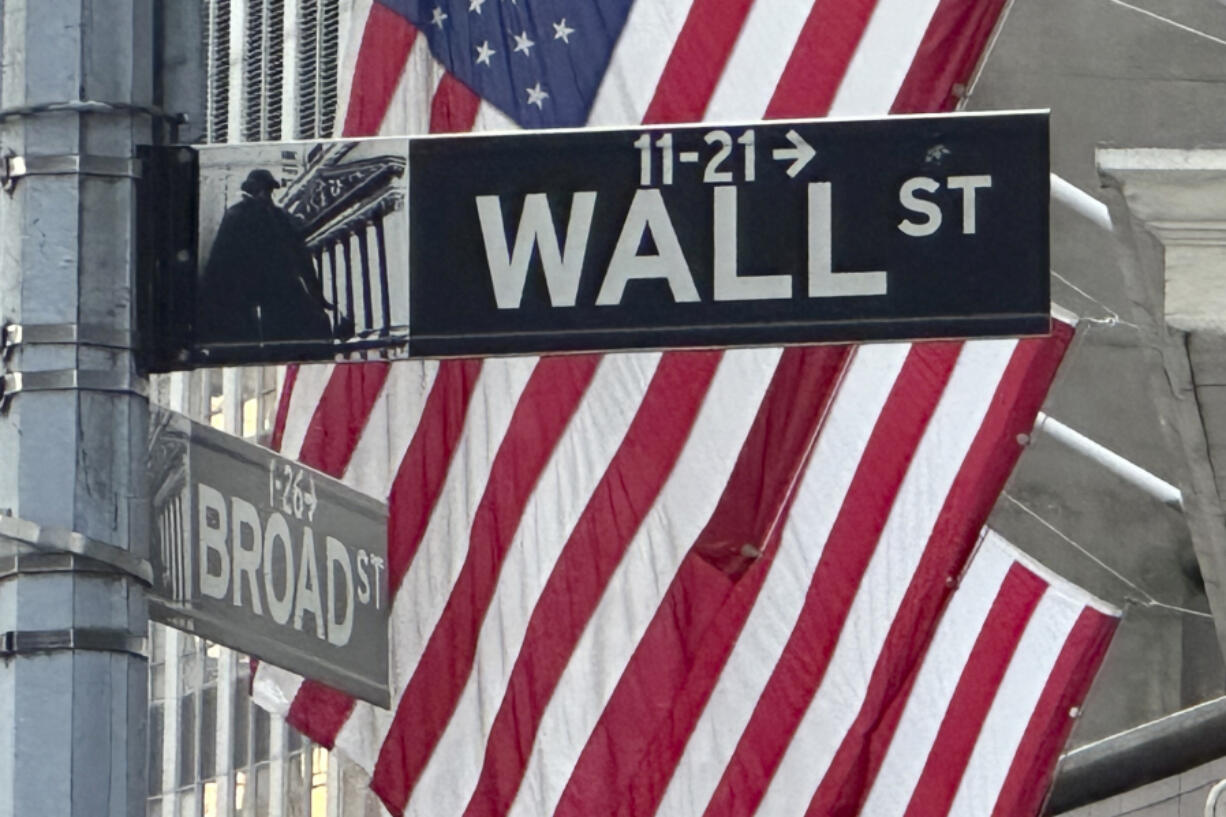 FILE - Signs at the intersection of Broad and Wall Streets stand near flags flying from the New York Stock Exchange on Sept. 4, 2024, in New York.