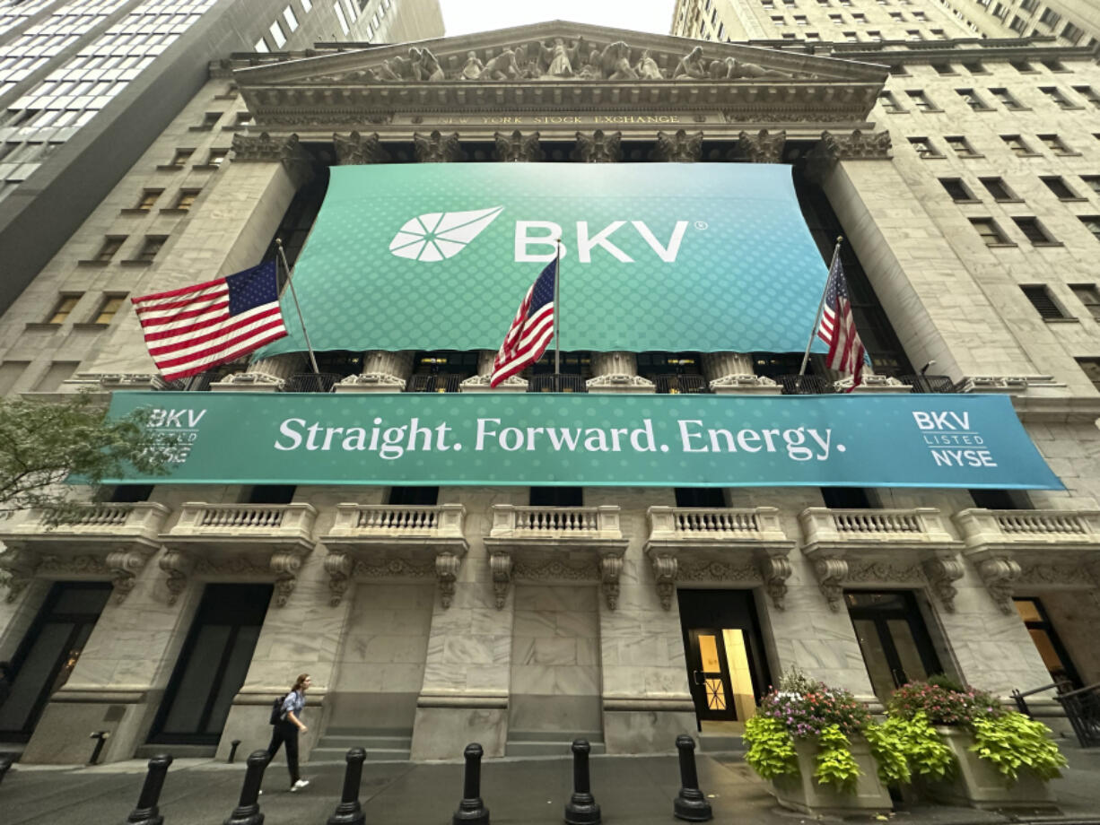 A banner for BKV Corporation, a Denver based energy company, hangs from the New York Stock Exchange on Sept. 26, 2024, in New York.