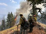 Firefighters watch for spot fires along Forest Service Road 40 in the Cougar Creek Fire.