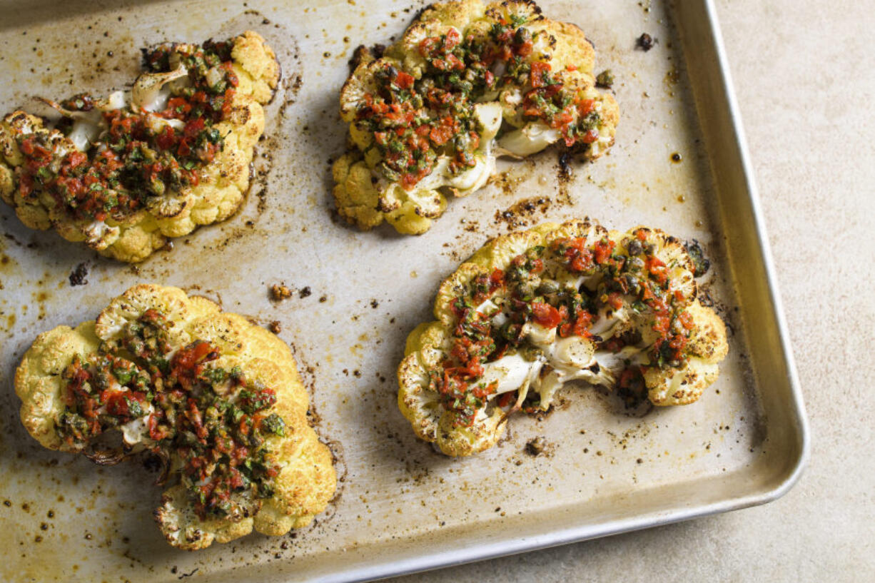 Cauliflower Steaks With Pickled Peppers, Capers and Parmesan.