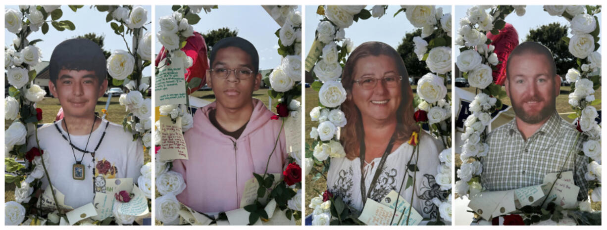 This combo of images show shooting victims, from left, Christian Angulo, Mason Schermerhorn, Cristina Irimie and Richard Aspinwall, displayed at a memorial outside Apalachee High School, Tuesday, Sept. 10, 2024, in Winder, Ga.