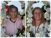 This combo of images show shooting victims, from left, Christian Angulo, Mason Schermerhorn, Cristina Irimie and Richard Aspinwall, displayed at a memorial outside Apalachee High School, Tuesday, Sept. 10, 2024, in Winder, Ga.