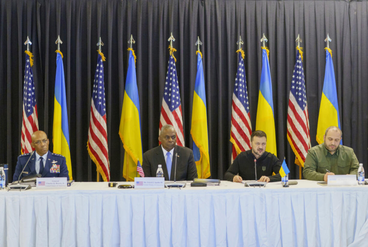 Joint Chiefs of Staff Air Force of the U.S. Gen. CQ Brown, from left, U.S. Defense Secretary Lloyd Austin, Ukraine&rsquo;s President Volodymyr Zelenskyy and Ukraine&rsquo;s Defense Minister Rustem Umerov attend a meeting at Ramstein Air Base in Ramstein-Miesenbach, Germany, Friday, Sept. 6, 2024.