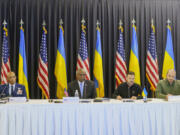 Joint Chiefs of Staff Air Force of the U.S. Gen. CQ Brown, from left, U.S. Defense Secretary Lloyd Austin, Ukraine&rsquo;s President Volodymyr Zelenskyy and Ukraine&rsquo;s Defense Minister Rustem Umerov attend a meeting at Ramstein Air Base in Ramstein-Miesenbach, Germany, Friday, Sept. 6, 2024.