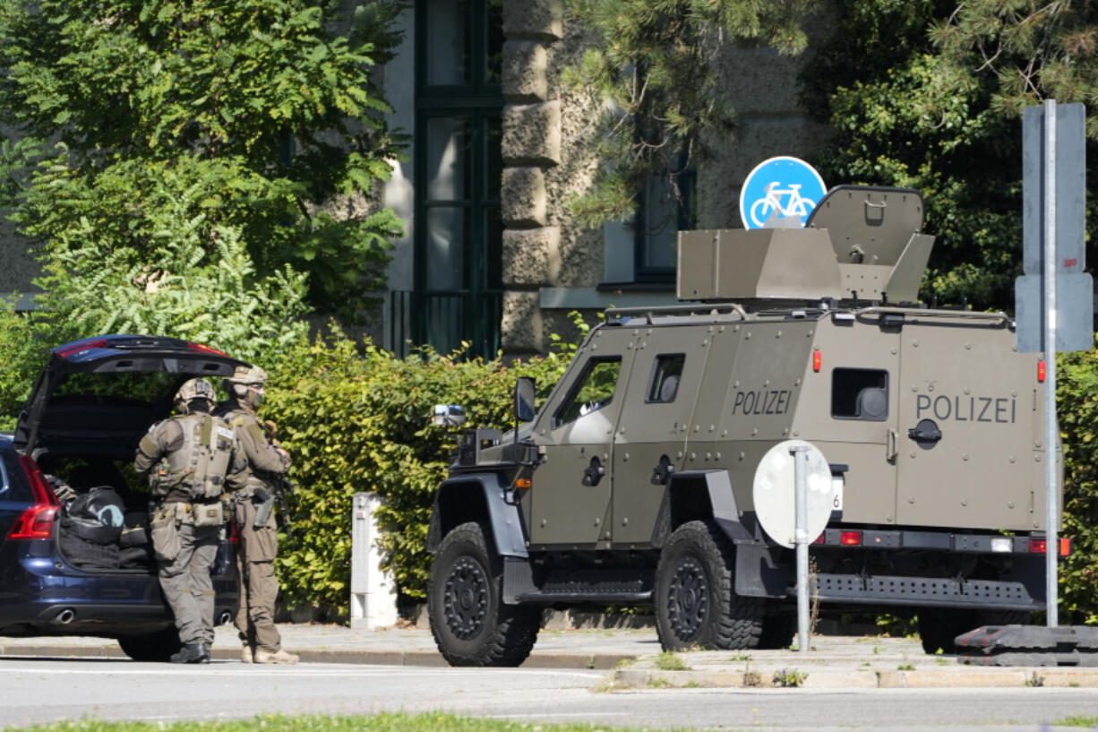 Police officers patrol after police fired shots at a suspicious person near the Israeli Consulate and a museum on the city&rsquo;s Nazi-era history in Munich, Germany, Thursday, Sept. 5, 2024.