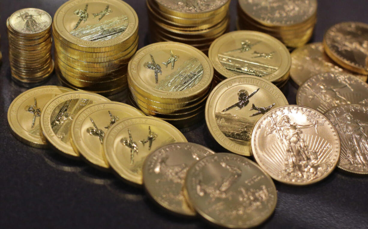 Gold coins are displayed at the office of Philip Diehl in cvAustin, Texas.