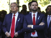 FILE - Republican presidential nominee former President Donald Trump and Republican vice presidential nominee Sen. JD Vance, R-Ohio, attend the 9/11 Memorial ceremony on the 23rd anniversary of the Sept. 11, 2001 attacks, Wednesday, Sept. 11, 2024, in New York.