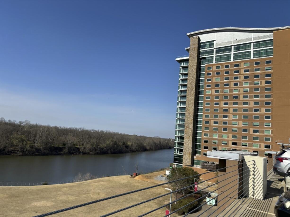 The Wind Creek Casino and Hotel overlooking the Coosa River is seen on Feb. 25, 2024, in Wetumpka, Ala., where the Oklahoma-based Muscogee (Creek) Nation contends Alabama&rsquo;s Poarch Band of Creek Indians broke their legal promise to preserve a historic Muscogee site when they acquired it in 1980.