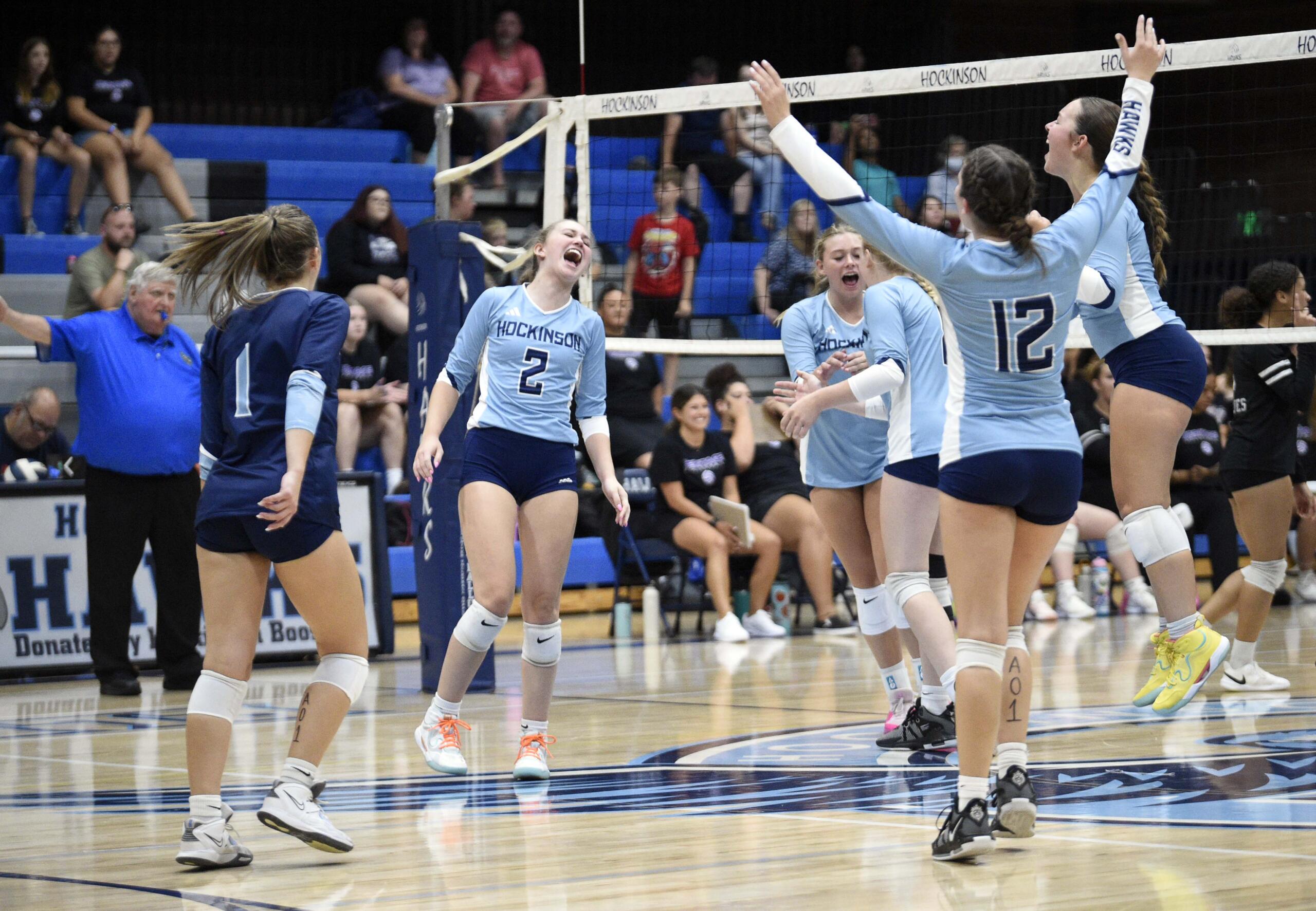 Hockinson players celebrate a point earned against Heritage during a non-leauge volleyball match on Thursday, Sept. 5, 2024, at Hockinson High School.