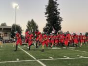 Union football players run on to the field at McKenzie Stadium prior to the start of a non-league football game against Mountan View on Friday, Sept. 20, 2024.