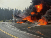 A fire burns at the gas station after an explosion on Wednesday, Sept. 12, 2024 in Cardiff, Idaho.