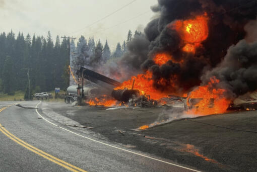 A fire burns at the gas station after an explosion on Wednesday, Sept. 12, 2024 in Cardiff, Idaho.