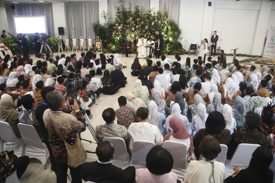 A general view of the hall as Pope Francis speaks at the Grha Pemuda Youth Centre in Jakarta, Indonesia, Wednesday, Sept. 4, 2024. Pope Francis is on an apostolic visit to the Muslim-majority country of Indonesia from 03 to 06 September, as part of his 12-day trip to the Asia-Pacific region, which includes stops in Papua New Guinea, East Timor, and Singapore.