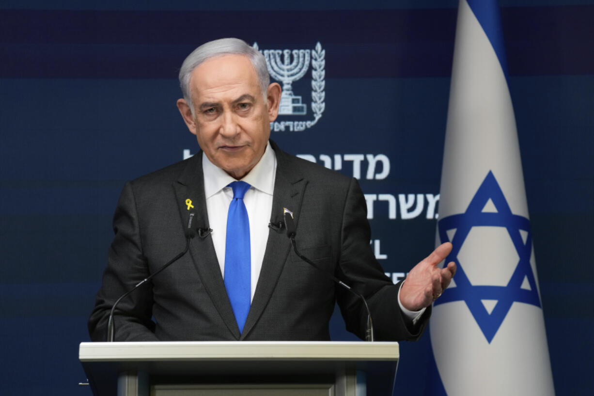 Israeli Prime Minister Benjamin Netanyahu speaks during a news conference in Jerusalem, Monday, Sept.