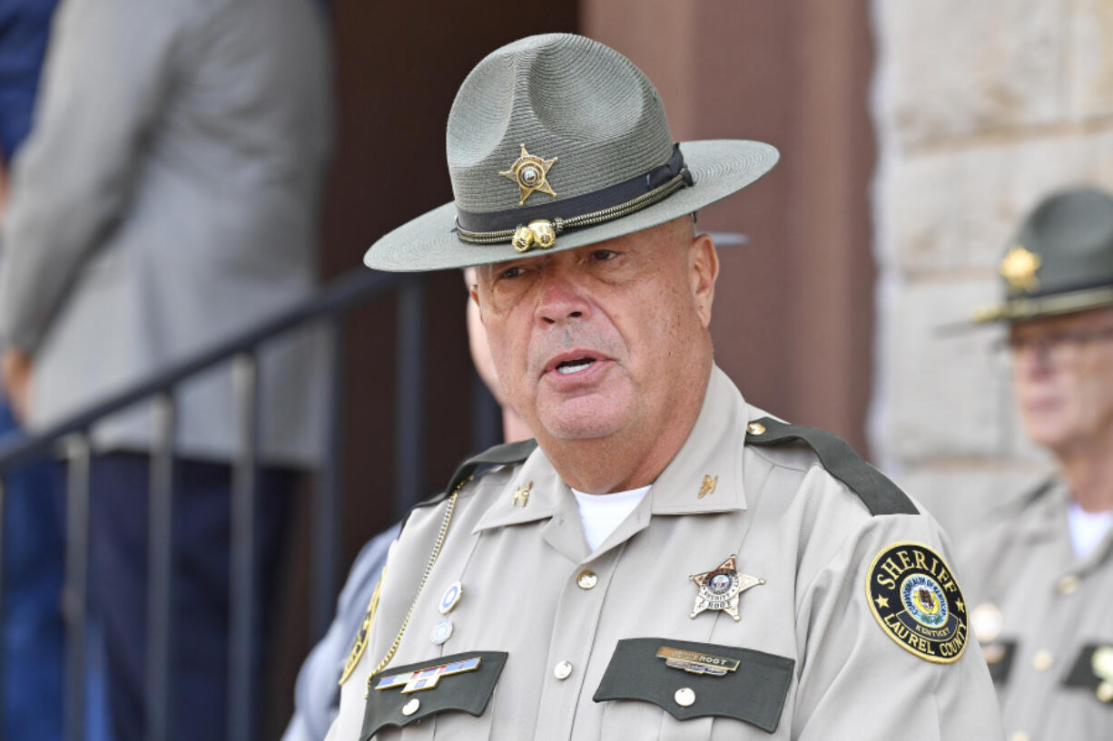 Laurel County Sheriff John Root addresses the media to give an update on the efforts to find the suspect in the shooting at I-75 at the Livingston Ky. exit at the Laurel County Sheriff&#039;s Office in London, Ky., Monday, Sept. 9, 2024. (AP Photo/Timothy D.