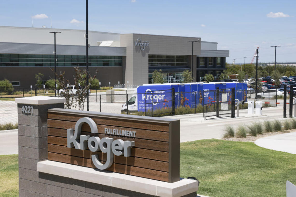 FILE - The exterior of Kroger&#039;s fulfillment center is shown on July 27, 2022 in Dallas, Tex.