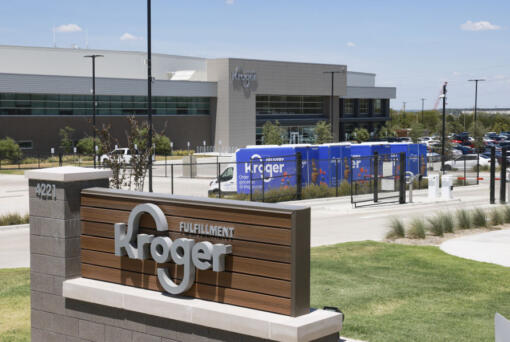 FILE - The exterior of Kroger&#039;s fulfillment center is shown on July 27, 2022 in Dallas, Tex.