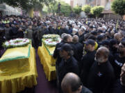 Hezbollah&rsquo;s deputy leader Naim Kassem, centre, speaks during the funeral of Hezbollah commander Ibrahim Akil and militant Mahmoud Hamad in Beirut&rsquo;s southern suburb, Sunday, Sept. 22, 2024.