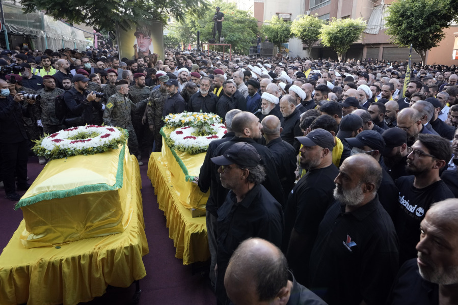 Hezbollah&rsquo;s deputy leader Naim Kassem, centre, speaks during the funeral of Hezbollah commander Ibrahim Akil and militant Mahmoud Hamad in Beirut&rsquo;s southern suburb, Sunday, Sept. 22, 2024.