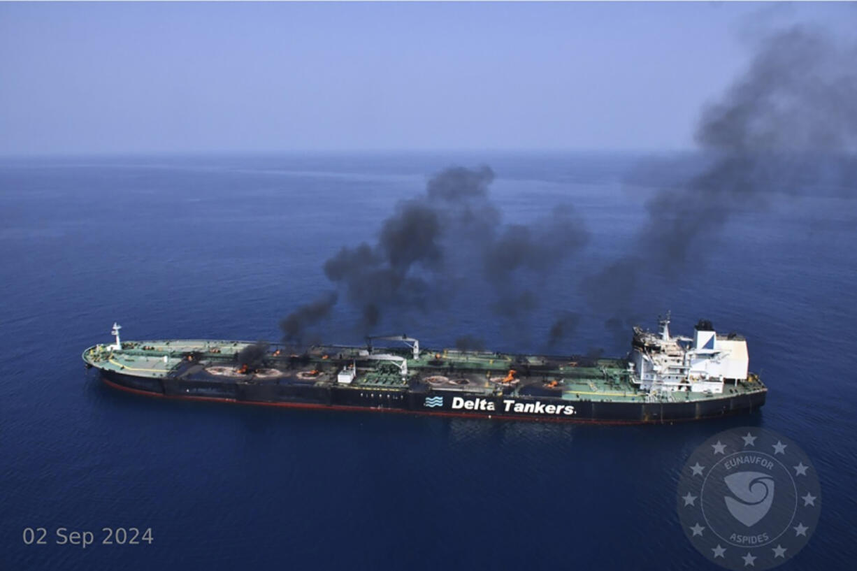 This photo released by the European Union&rsquo;s Operation Aspides naval force shows the Greek-flagged oil tanker Sounion burning in the Red Sea following a series of attacks by Yemen&rsquo;s Houthi rebels on Monday, Sept. 2, 2024.