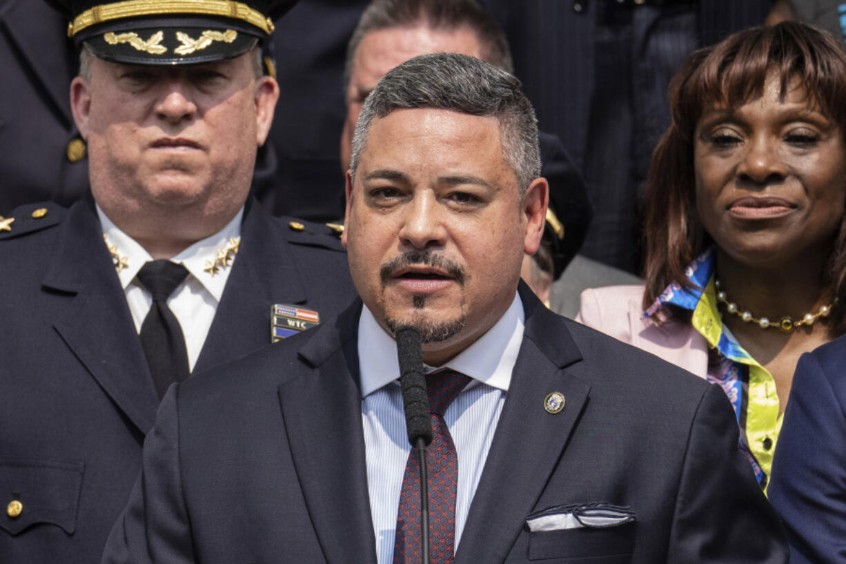 FILE &mdash; Edward A. Caban speaks after being sworn in as NYPD police commissioner outside New York City Police Department 40th Precinct, July 17, 2023, in New York.