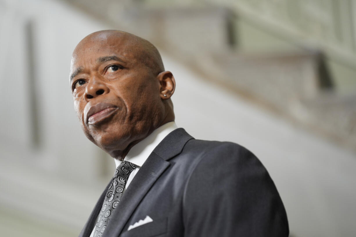 New York City Mayor Eric Adams speaks to members of the press at a news conference in New York, Monday, Sept. 16, 2024.