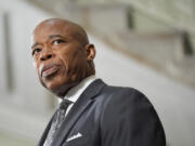 New York City Mayor Eric Adams speaks to members of the press at a news conference in New York, Monday, Sept. 16, 2024.