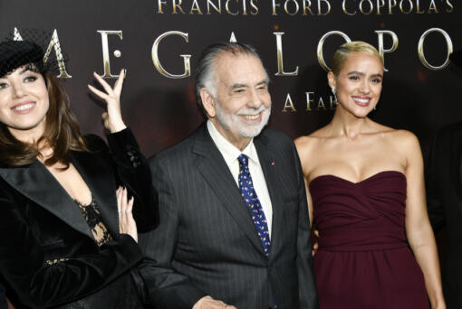 Aubrey Plaza, from left, Francis Ford Coppola, and Nathalie Emmanuel attend the premiere of &quot;Megalopolis&quot; on Monday, Sept. 23, 2024, at AMC Lincoln Square in New York.