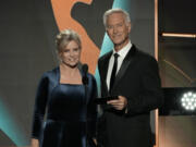 FILE - Mary Beth Evans, left, and Drake Hogestyn present the award for outstanding daytime talk series host during the 50th Daytime Emmy Awards on Friday, Dec. 15, 2023, in Los Angeles. Hogestyn, who played John Black for nearly four decades, has died from pancreatic cancer at age 70.