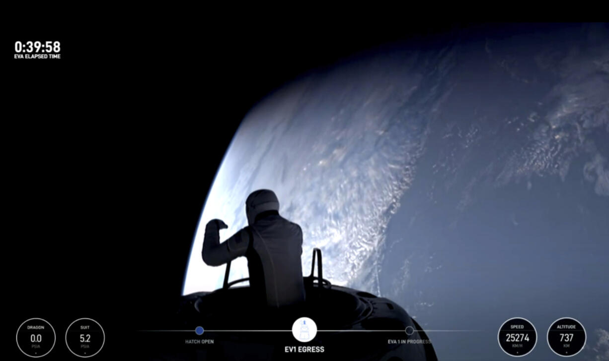 This image made from a SpaceX video shows the start of the first private spacewalk led by tech billionaire Jared Isaacman Thursday Sept. 12, 2024.