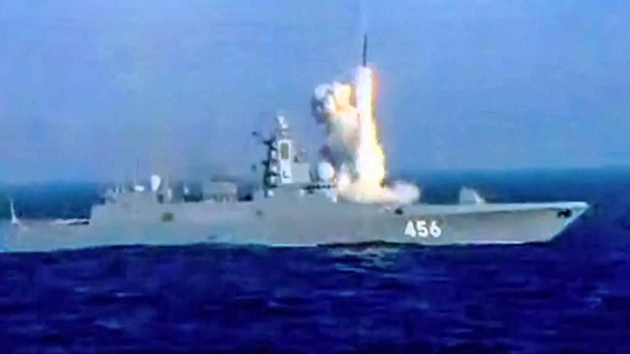 In this image taken from video provided by Russian Defense Ministry Press Service and released on Tuesday, Sept. 10, 2024., a long-range Kalibr cruise missile is launched by a Russian Navy frigate Admiral Golovko of the Russian Northern Fleet during of the large scale naval exercise as the Ocean-2024 drills.