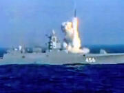 In this image taken from video provided by Russian Defense Ministry Press Service and released on Tuesday, Sept. 10, 2024., a long-range Kalibr cruise missile is launched by a Russian Navy frigate Admiral Golovko of the Russian Northern Fleet during of the large scale naval exercise as the Ocean-2024 drills.