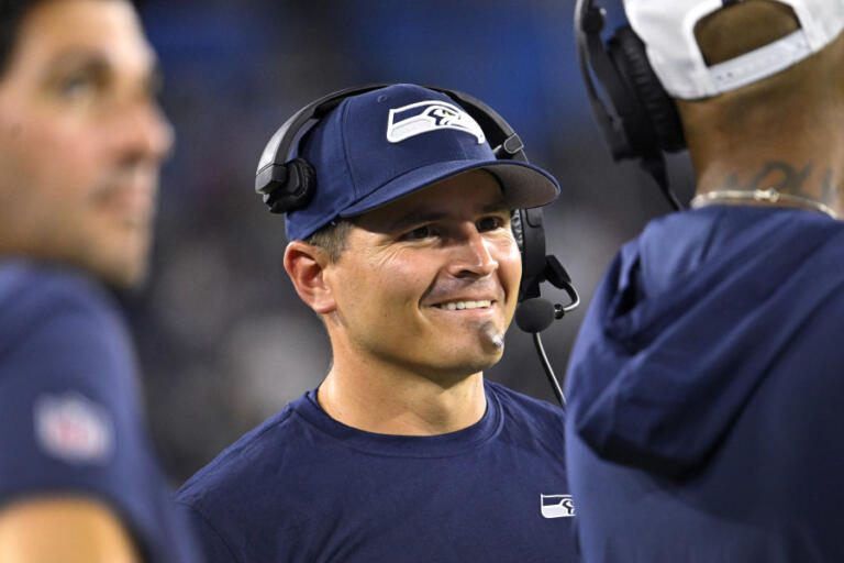 Seattle Seahawks head coach Mike Macdonald watches from the sideline during the second half of an NFL preseason football game against the Tennessee Titans, Saturday, Aug. 17, 2024, in Nashville, Tenn.